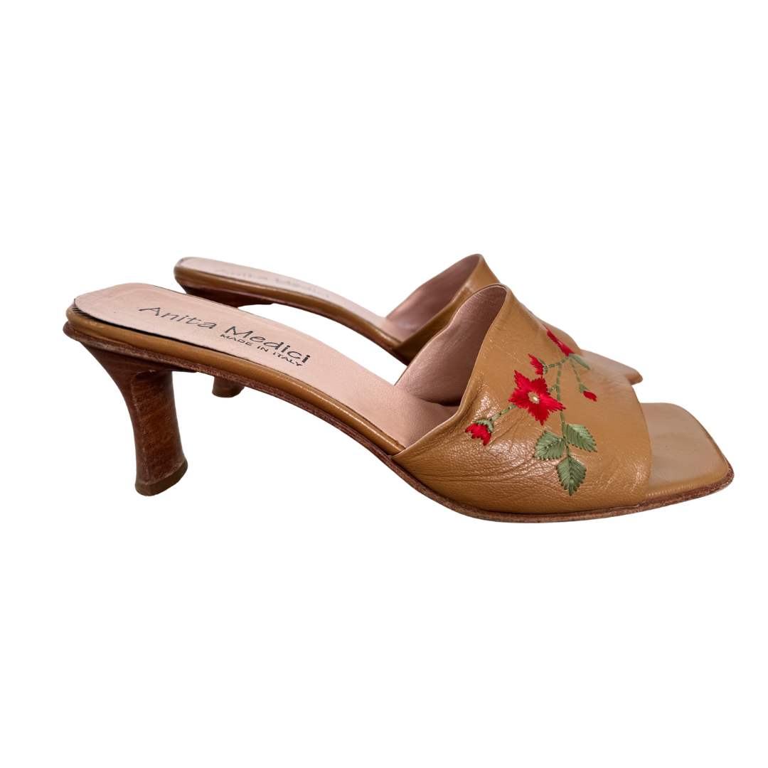 Anita Medici Brown Floral Embroidered Heeled Sandals | 8