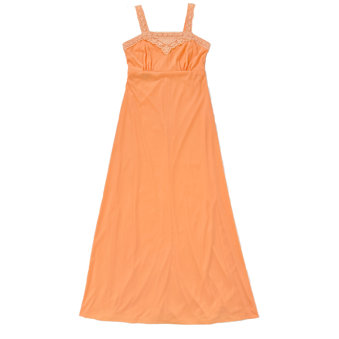 Vintage 60s-70s House of Nu Mode Peach Floral Lace Trim Maxi Dress | Small