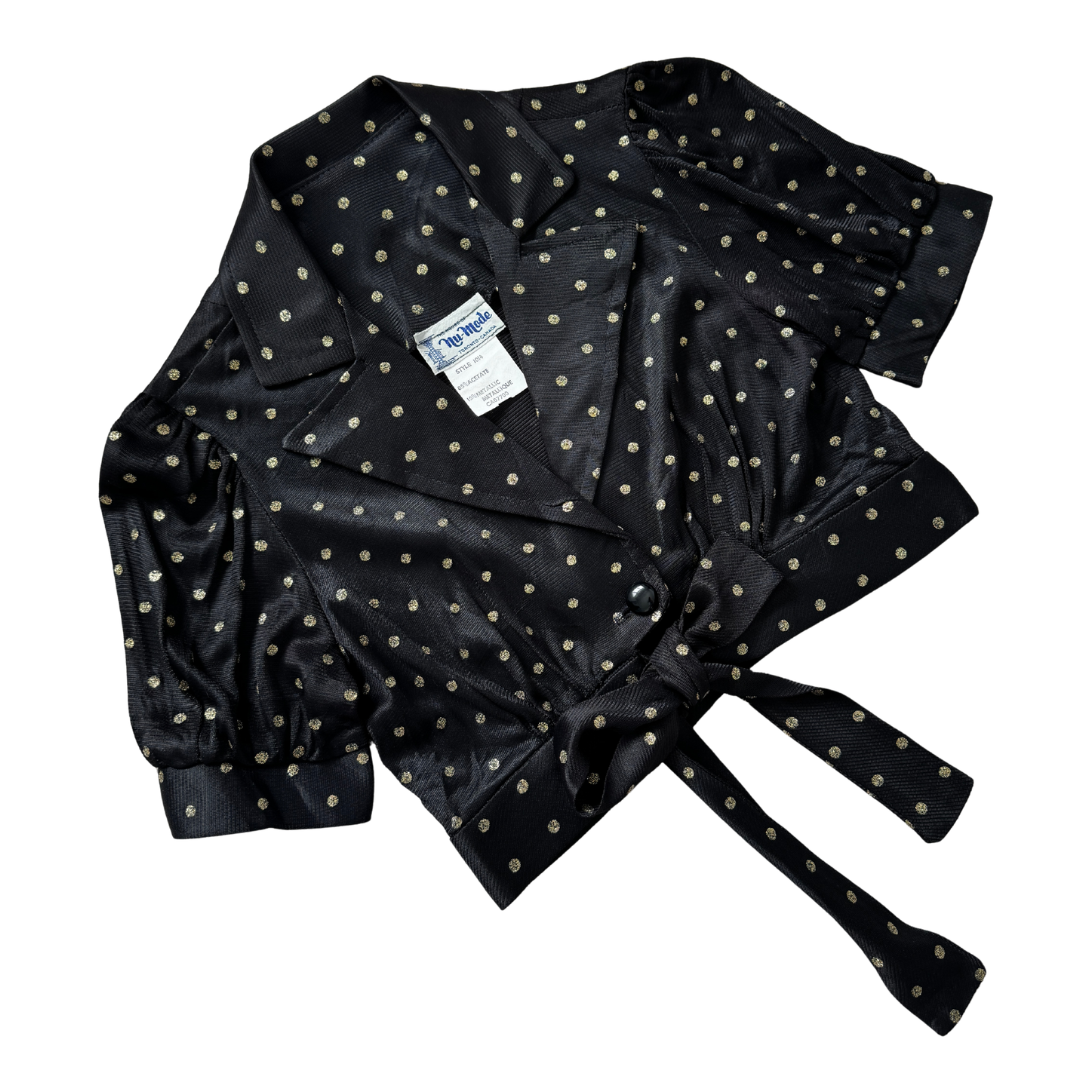 Nu-Mode Black and Gold Polka Dot Tie-Front Blouse | Extra-Small