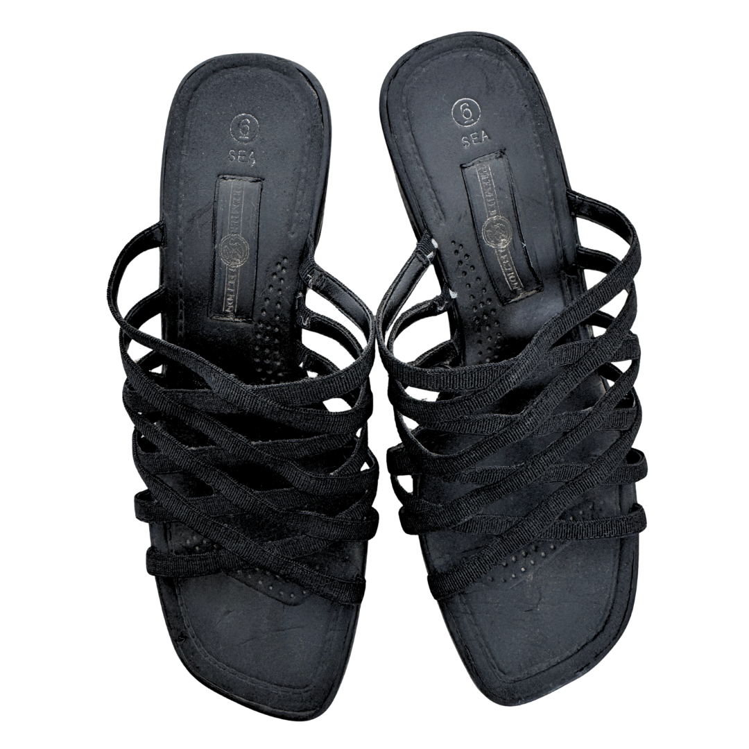 90s Black Strappy Chunky Heel Wedge Sandals | 6