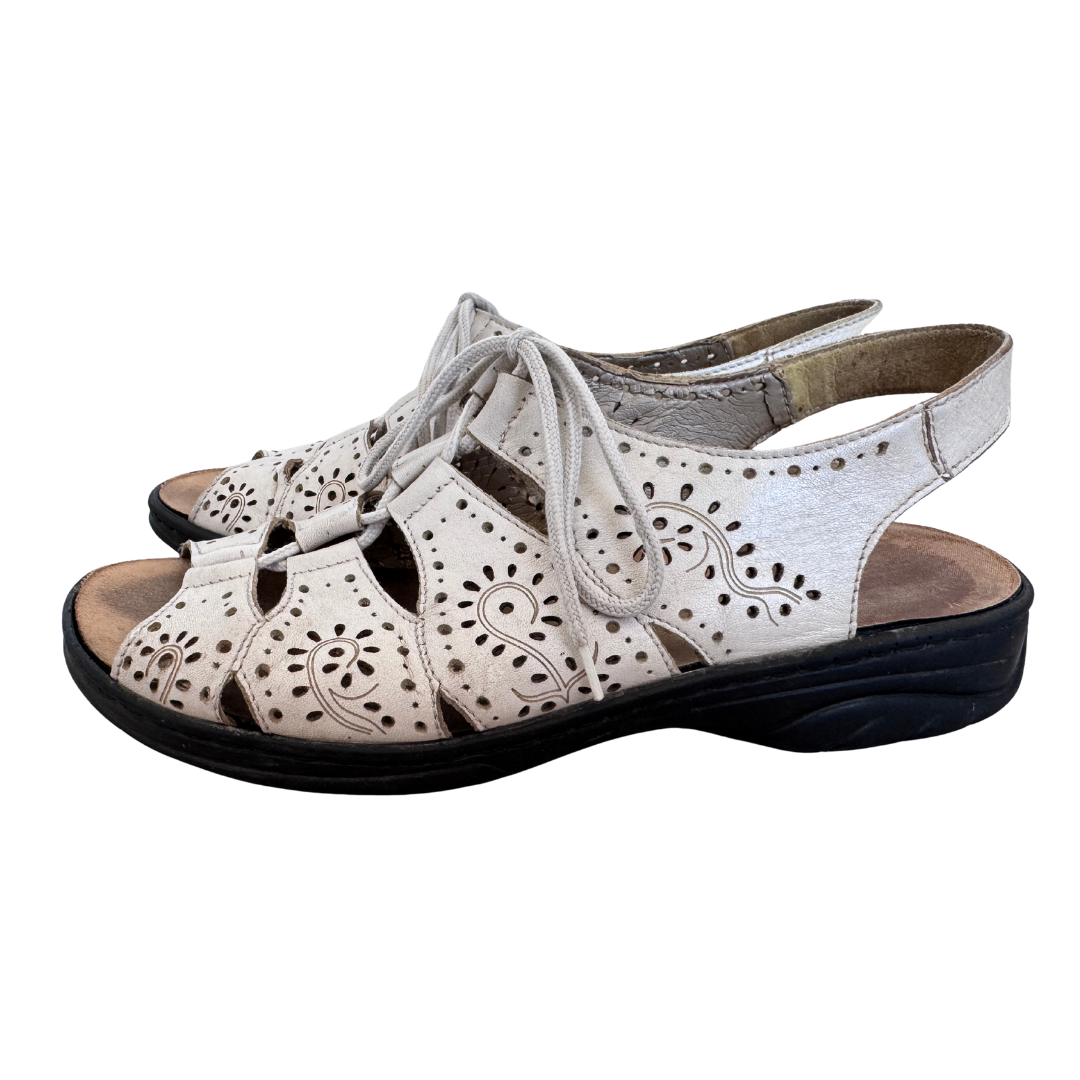 Rieker White Floral Laser Cut Lace Up Sandals | 39 (Women's 9)