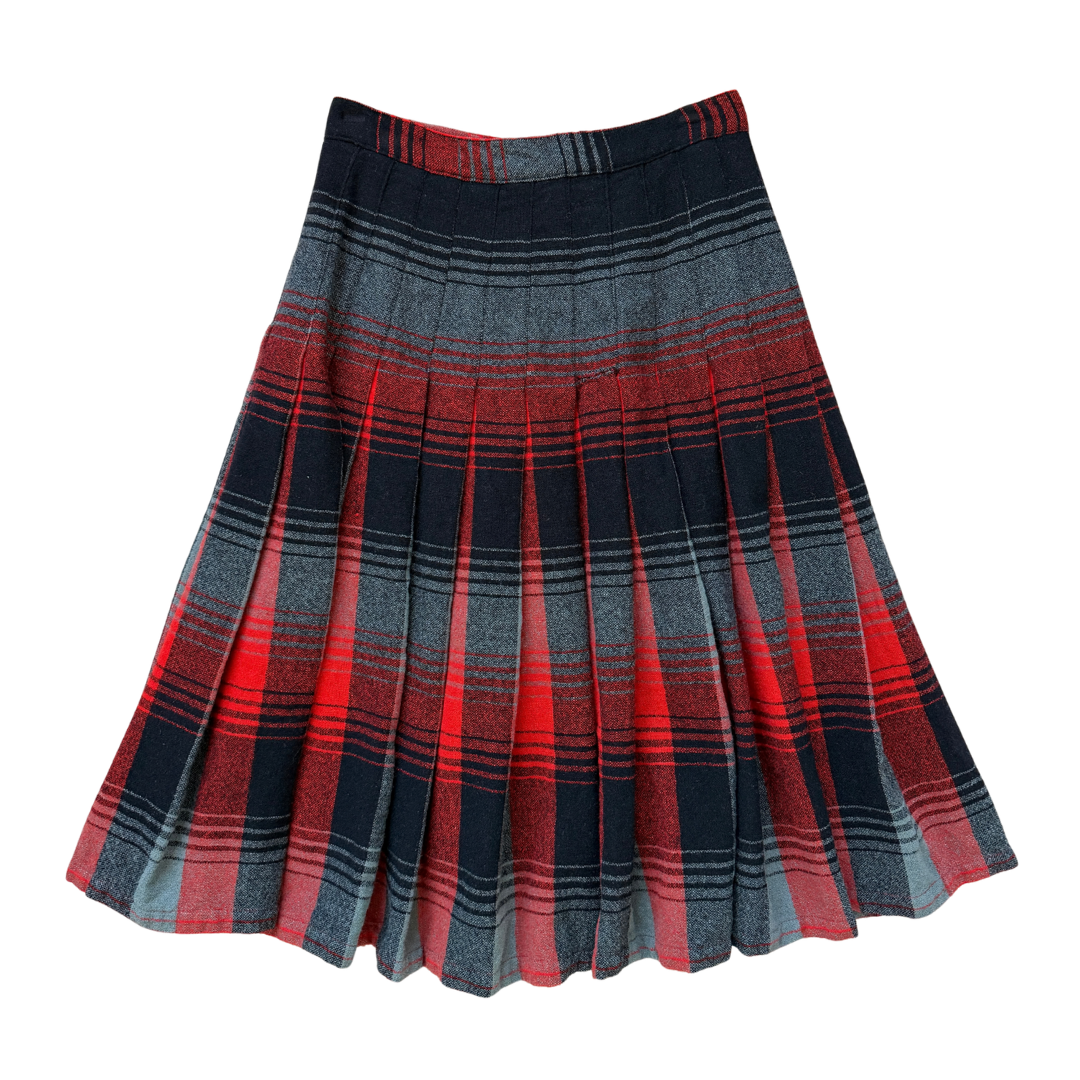 Reversible Black and Red Plaid Pleated Wool Midi Skirt | Extra-Small