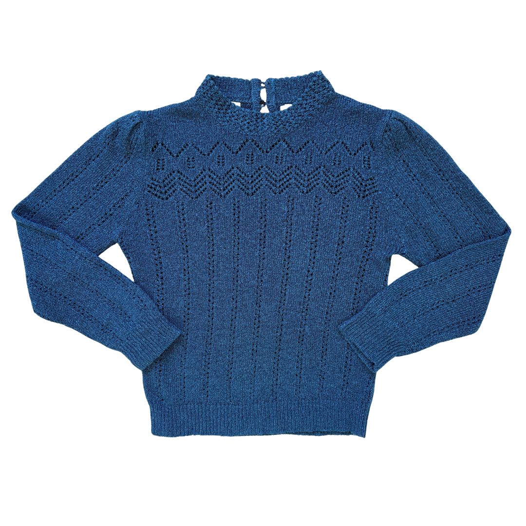 Alia Blue High Collar Lace Knit Sweater | Small - Medium