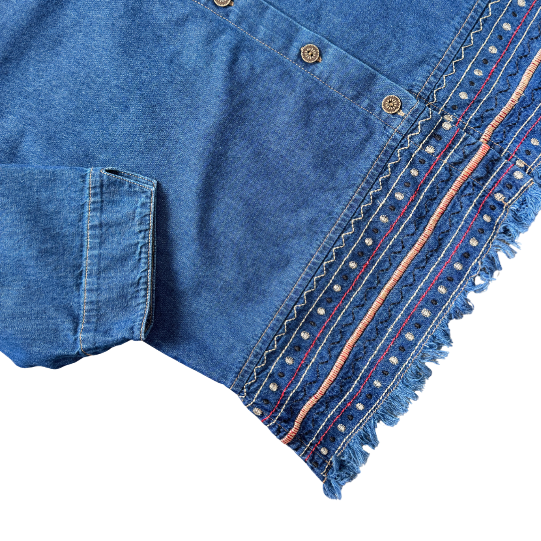 Alia Sport Embroidered Fringe Denim Shirt | Large