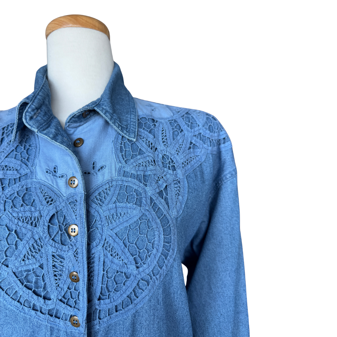 Jessie Jeanswear Denim Maxi Dress with Lace Applique | Medium-Large