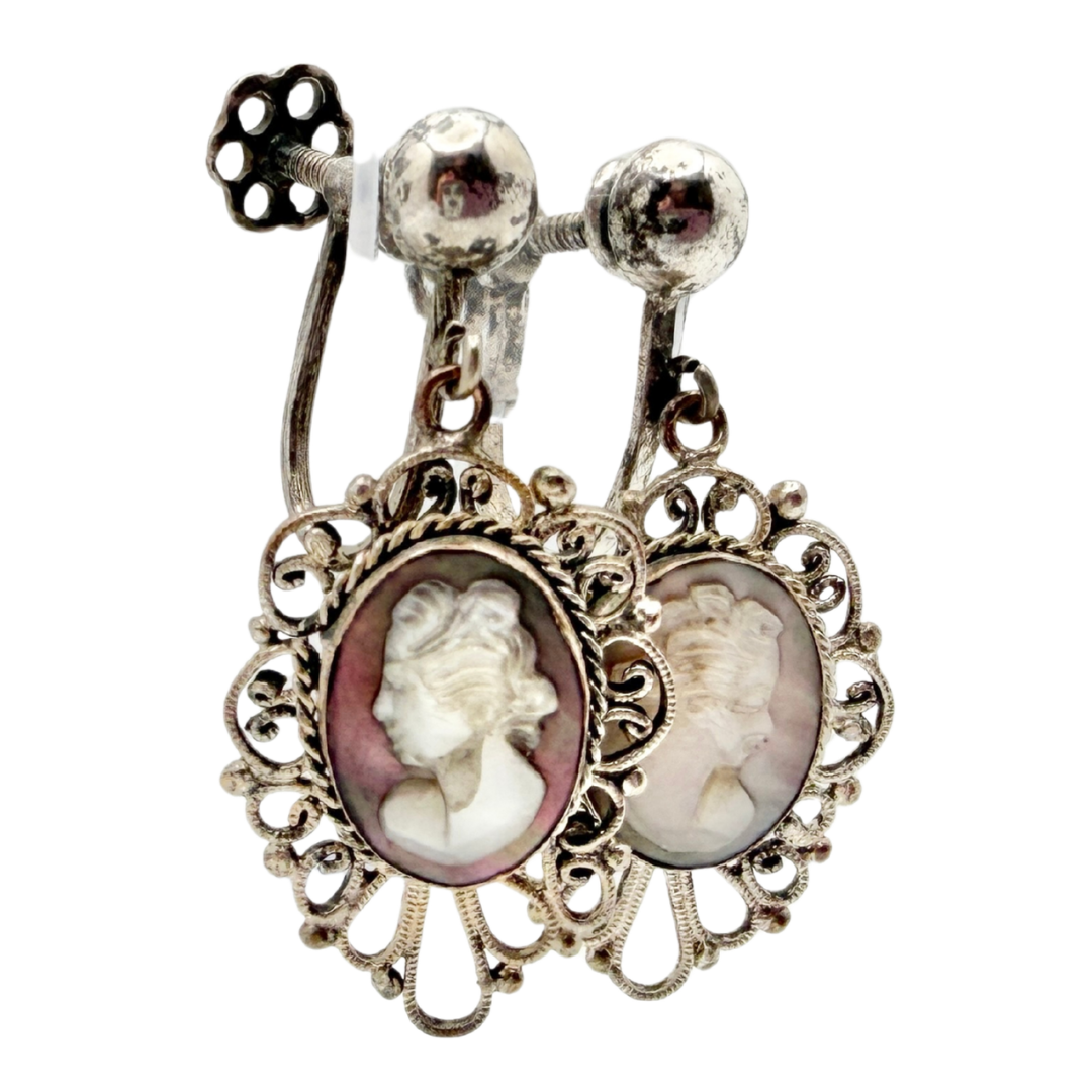 60s Sterling Silver Cameo Screw-Back Earrings