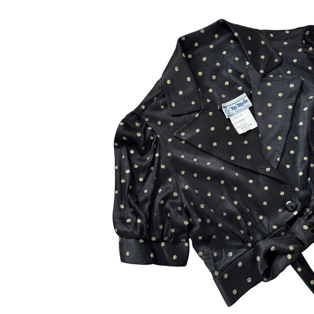 Nu-Mode Black and Gold Polka Dot Tie-Front Blouse | Extra-Small