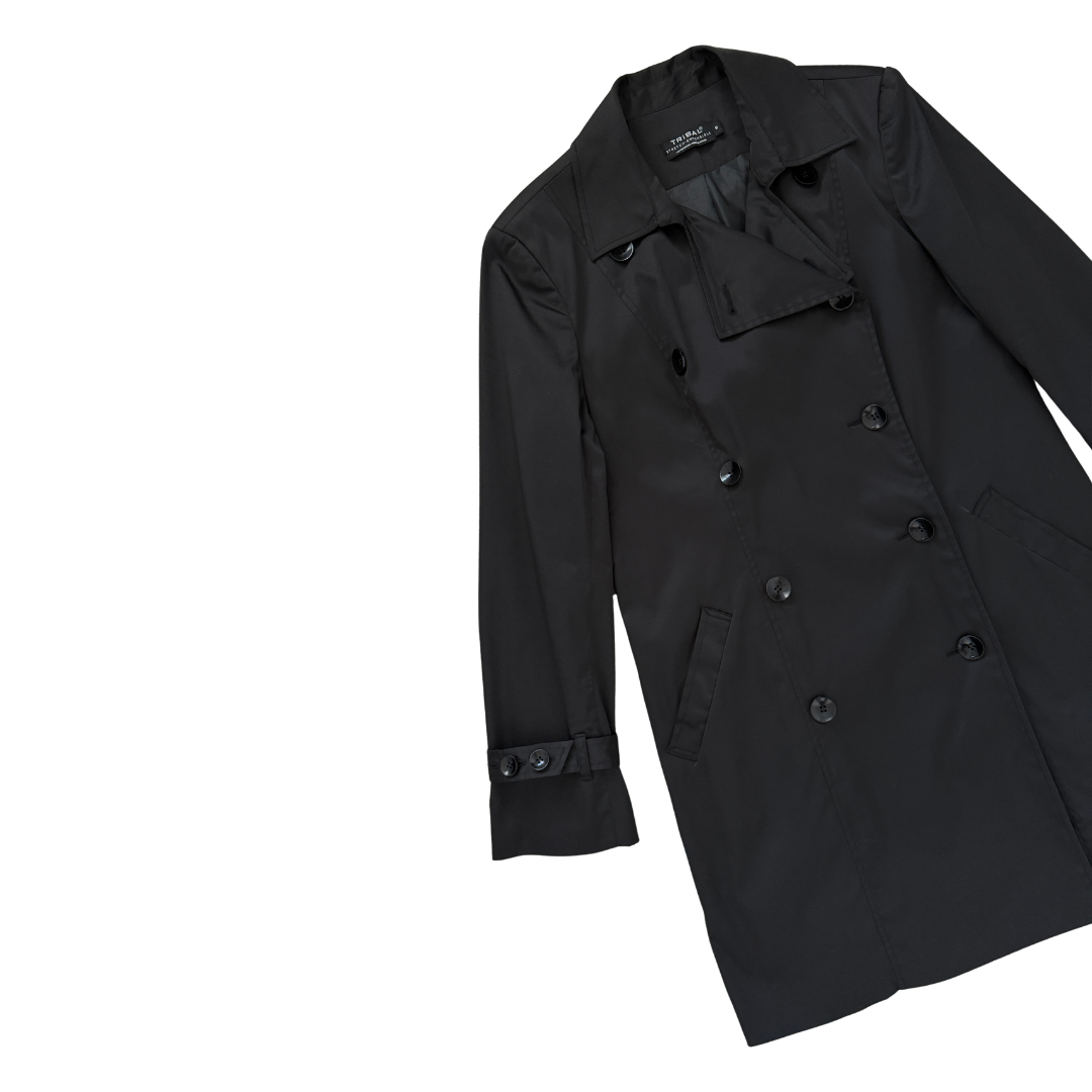 Tribal Double Breasted Black Trench Coat | Medium
