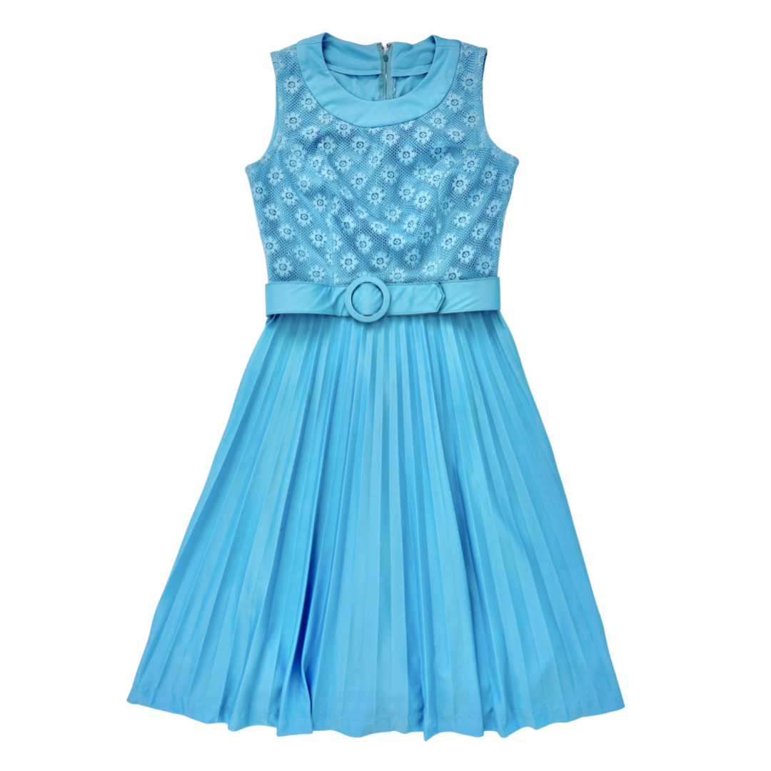 House of Nu Mode Baby Blue Floral Lace Dress with Pleated Skirt | Small