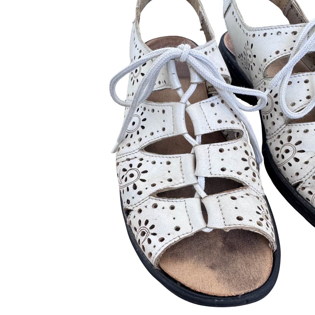 Rieker White Floral Laser Cut Lace Up Sandals | 39 (Women's 9)