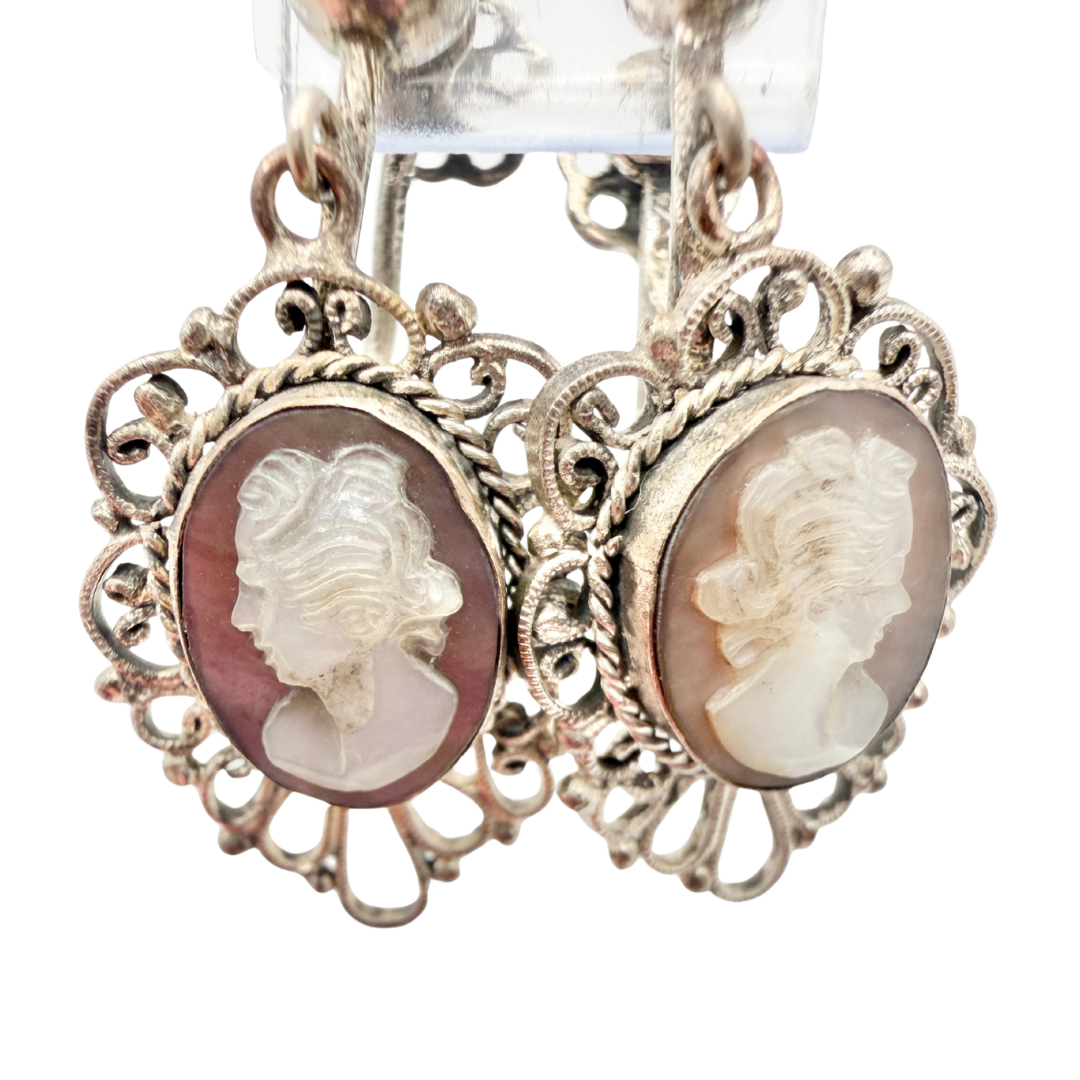 60s Sterling Silver Cameo Screw-Back Earrings