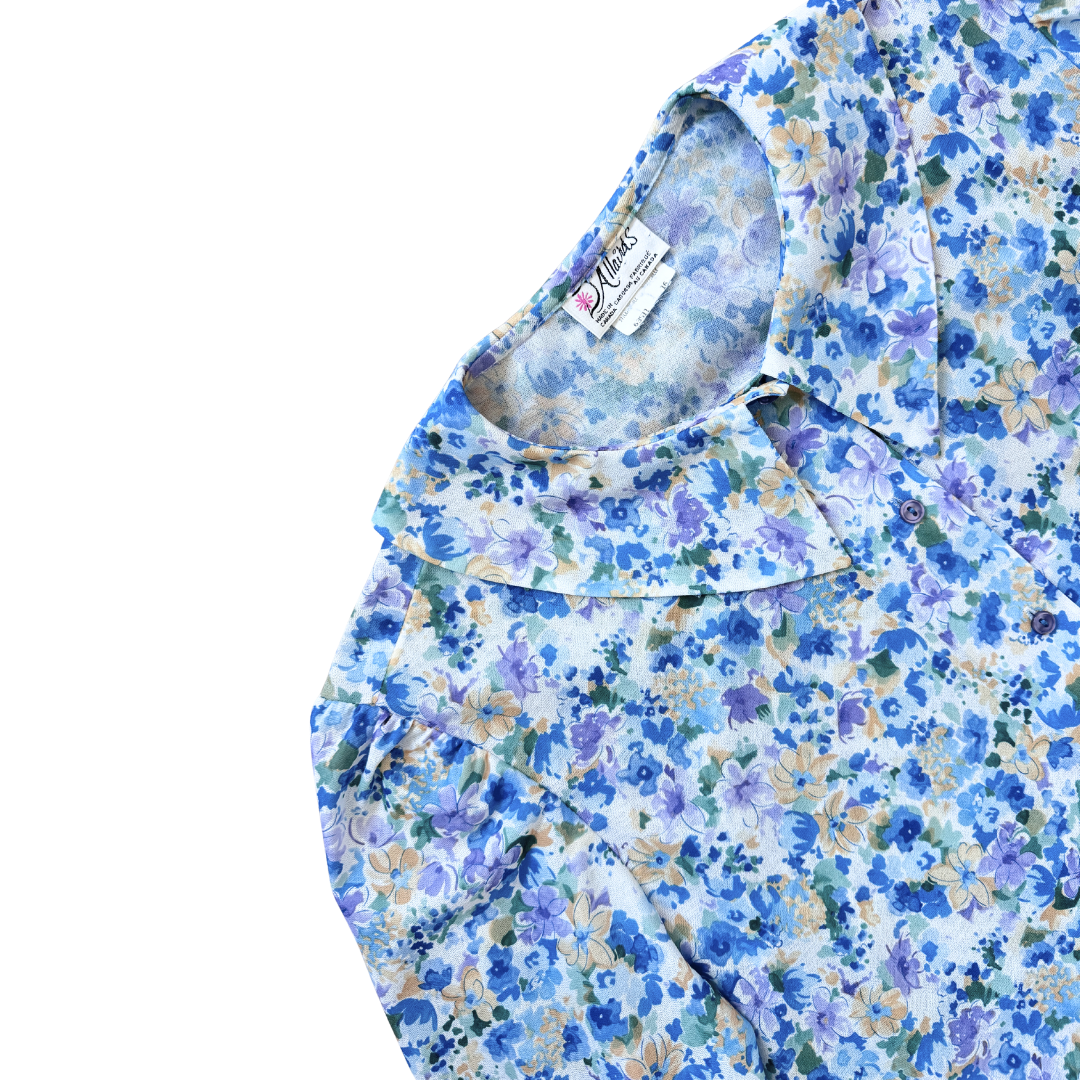 D'Allaird's Blue Yellow and Purple Floral Blouse with Peter Pan Collar | Medium