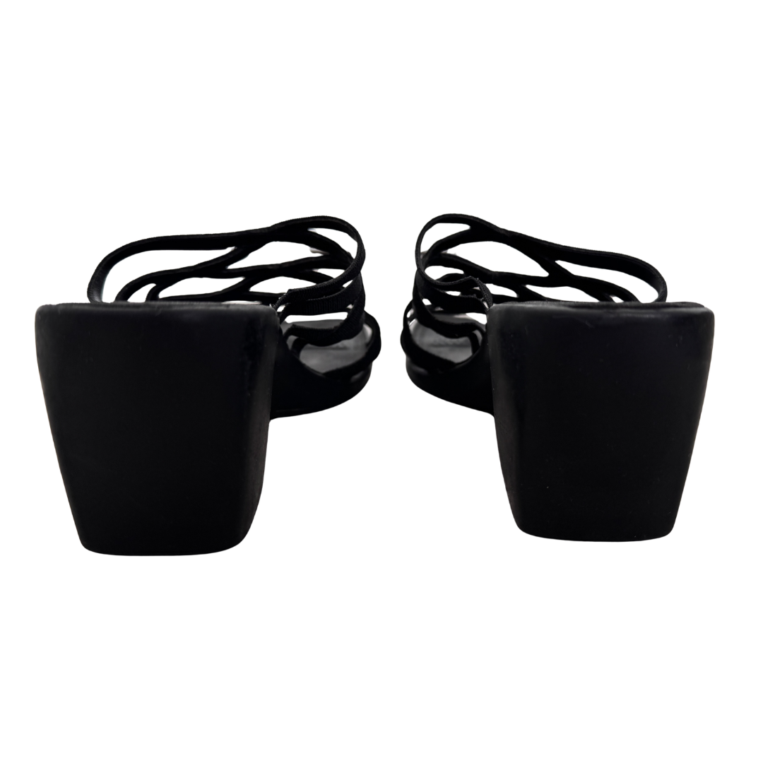 90s Black Strappy Chunky Heel Wedge Sandals | 6
