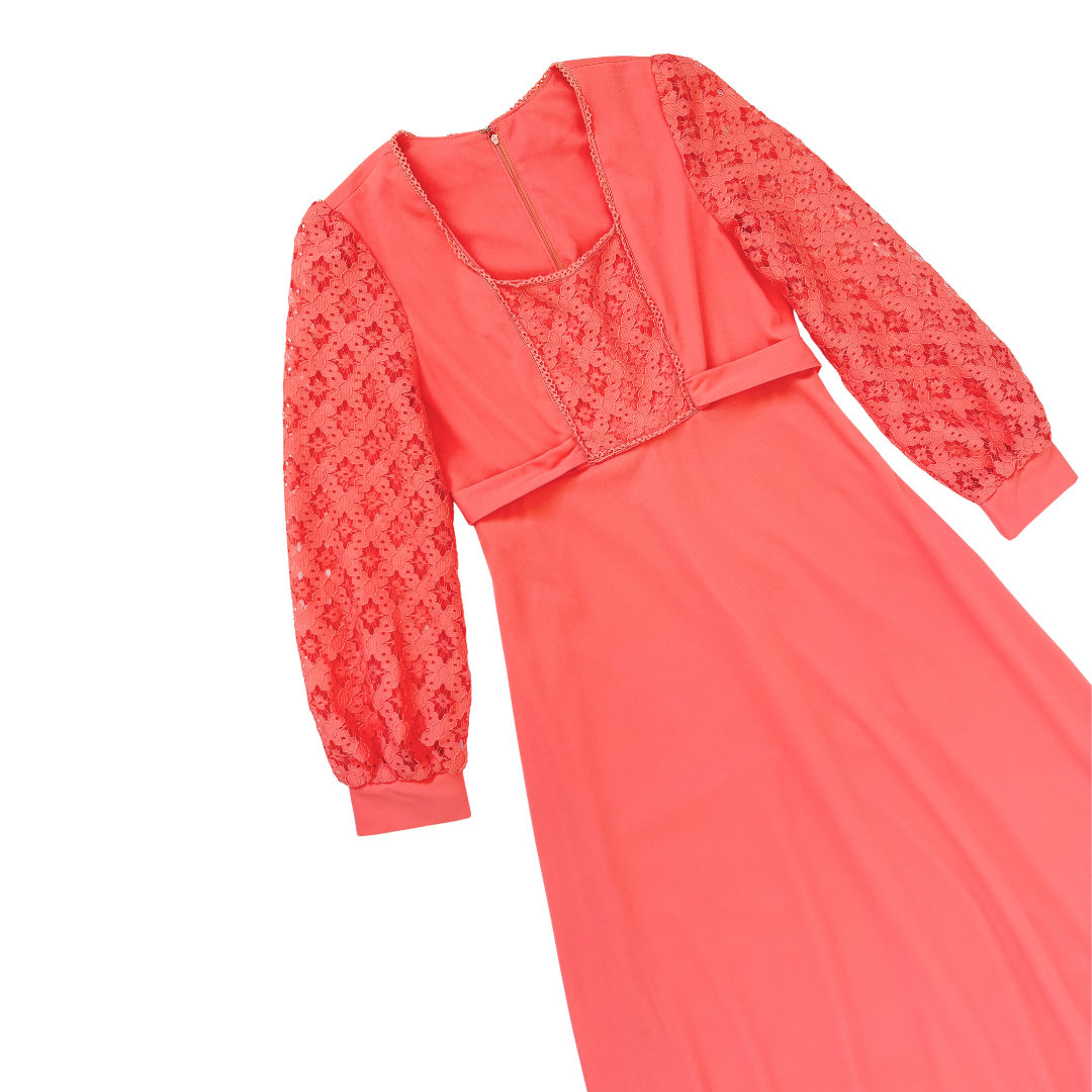 60s-70s Coral Maxi Dress with Lace Insert and Sleeves | Small