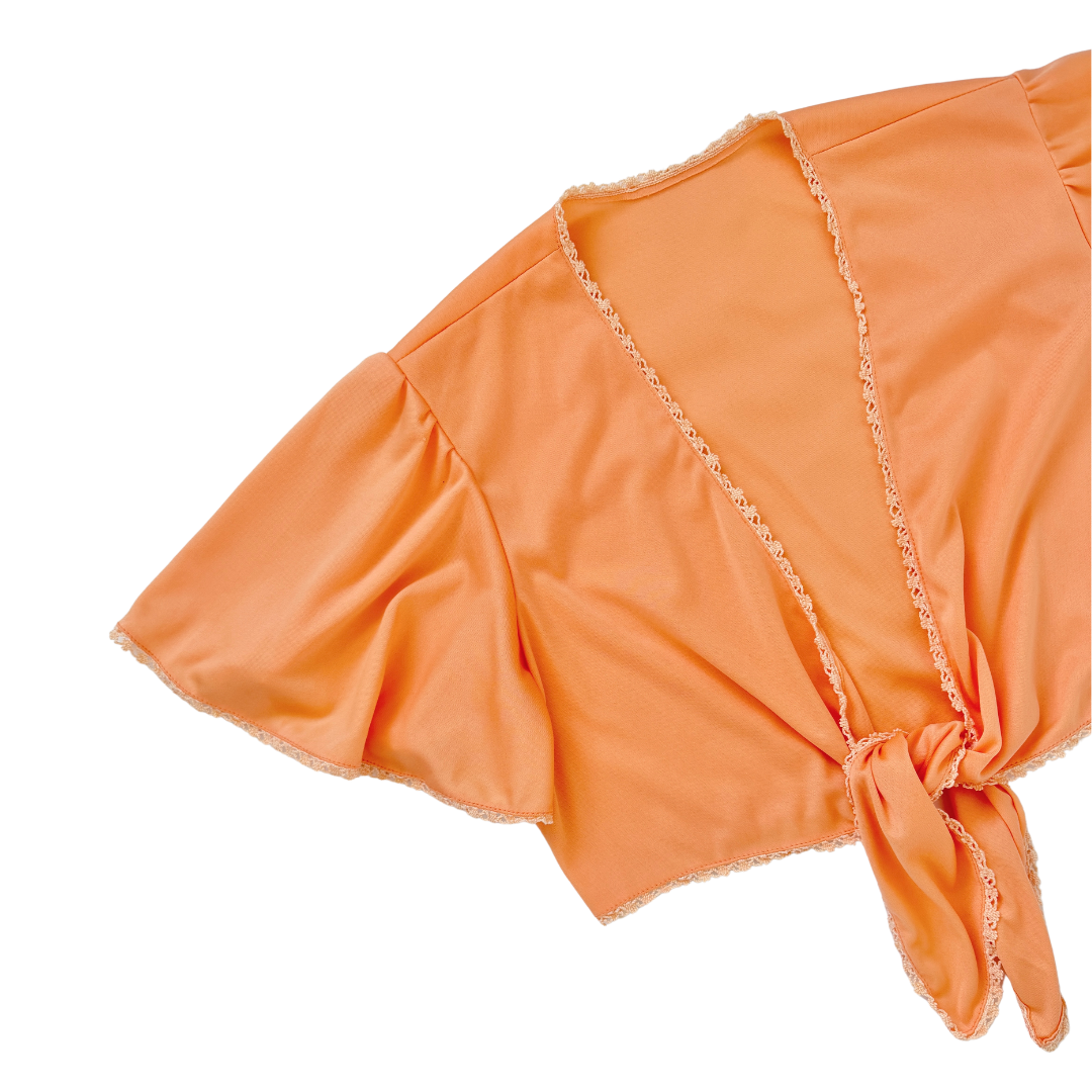 House of Nu-Mode Peach Floral Lace Trim Tie-Front Bolero | Small