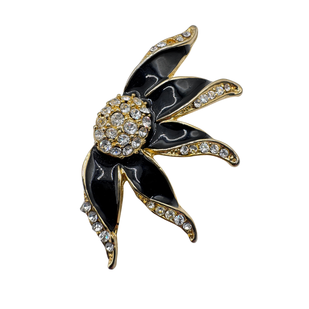 Up-cycled Gold Tone Black Enamel and Rhinestone Floral Brooch