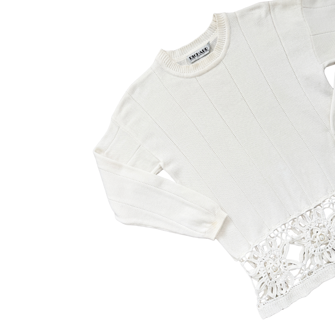 Richard & Company White Cotton Sweater with Large Floral Crochet Hem and Pearl Bead Detail |  Small - Medium