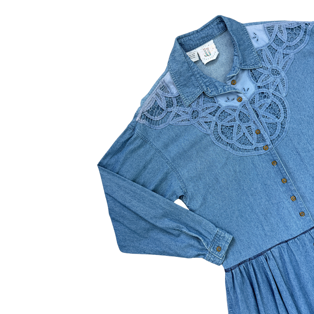 Jessie Jeanswear Denim Maxi Dress with Lace Applique | Medium-Large