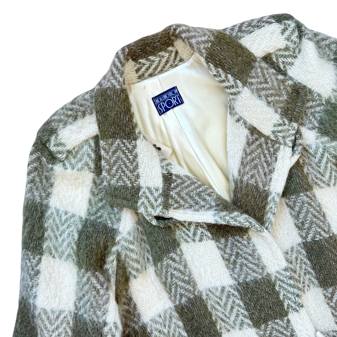 Linda Lundstrom Sport Green and Cream Plaid Brushed Wool Coat | Medium - Large (Long)