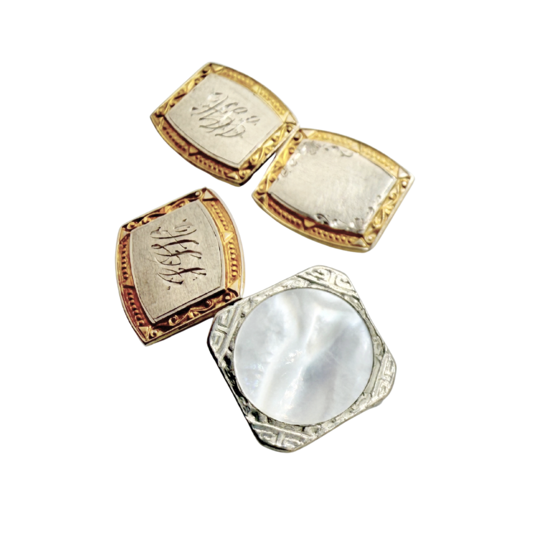 Antique 20s Parks Bros. and Rogers Gold and Sterling Silver Cuff Links with Mother of Pearl