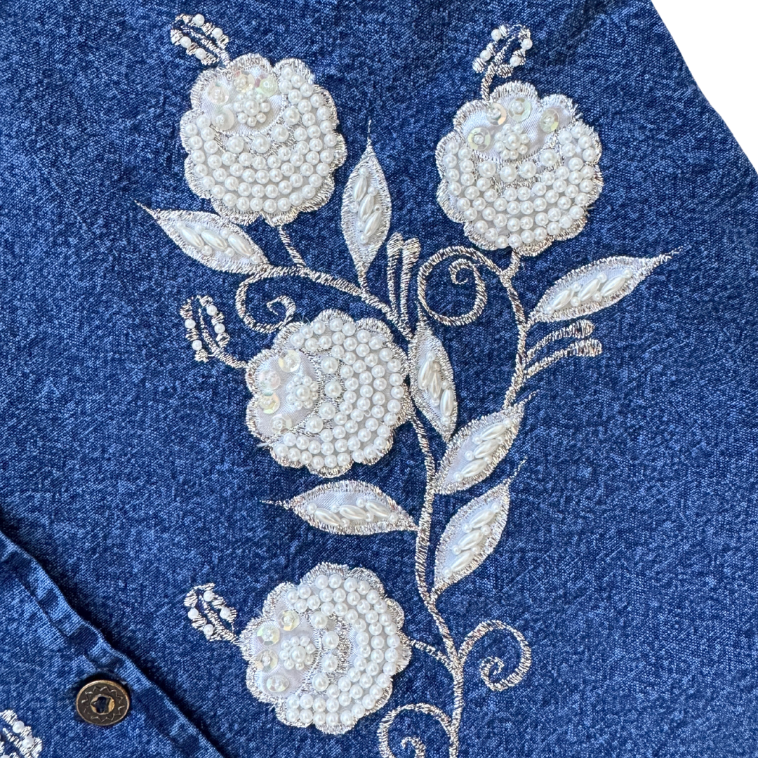 Jazzino Dark Denim Vest with Pearl Floral Applique | Small-Medium