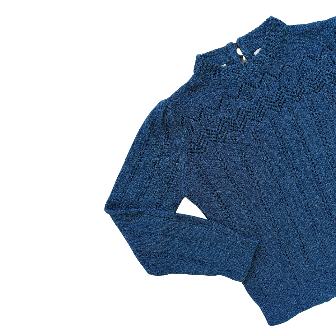 Alia Blue High Collar Lace Knit Sweater | Small - Medium