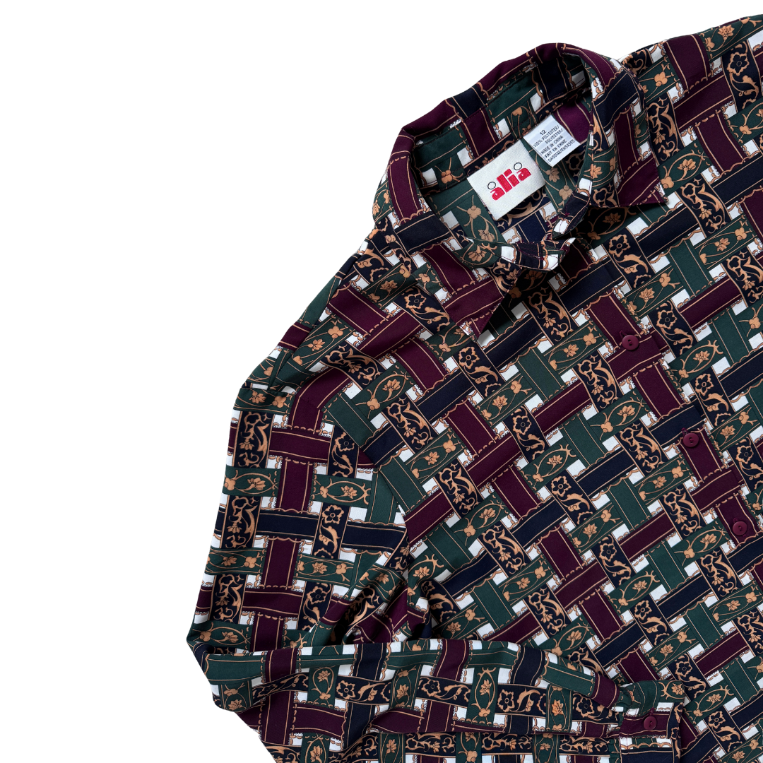 Alia Burgundy Green and Navy Graphic Blouse | Large