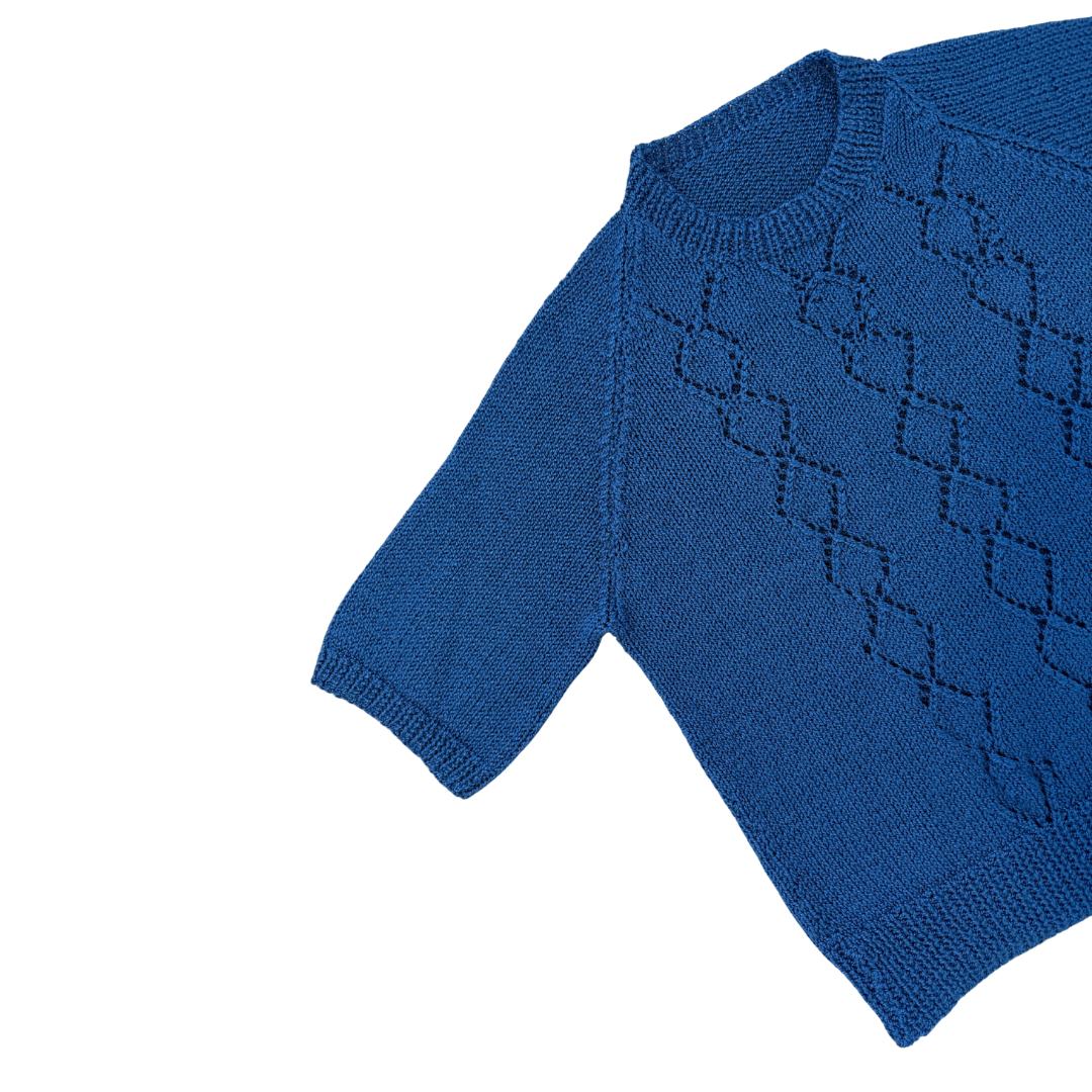 Blue Short Sleeve Chevron Knit Sweater | Small - Medium