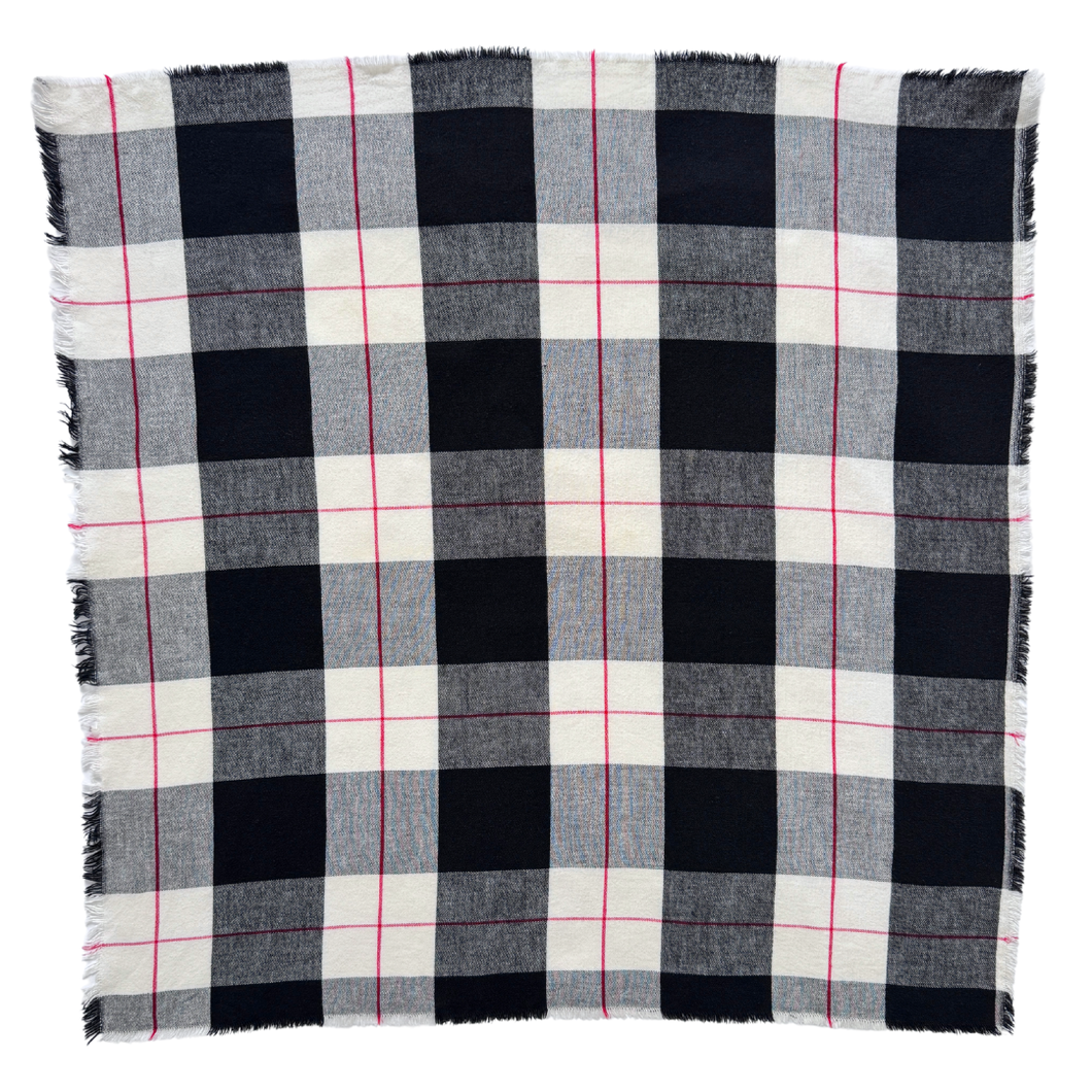 Vintage 100% Cotton Black, White and Red Plaid Flannel Square Scarf