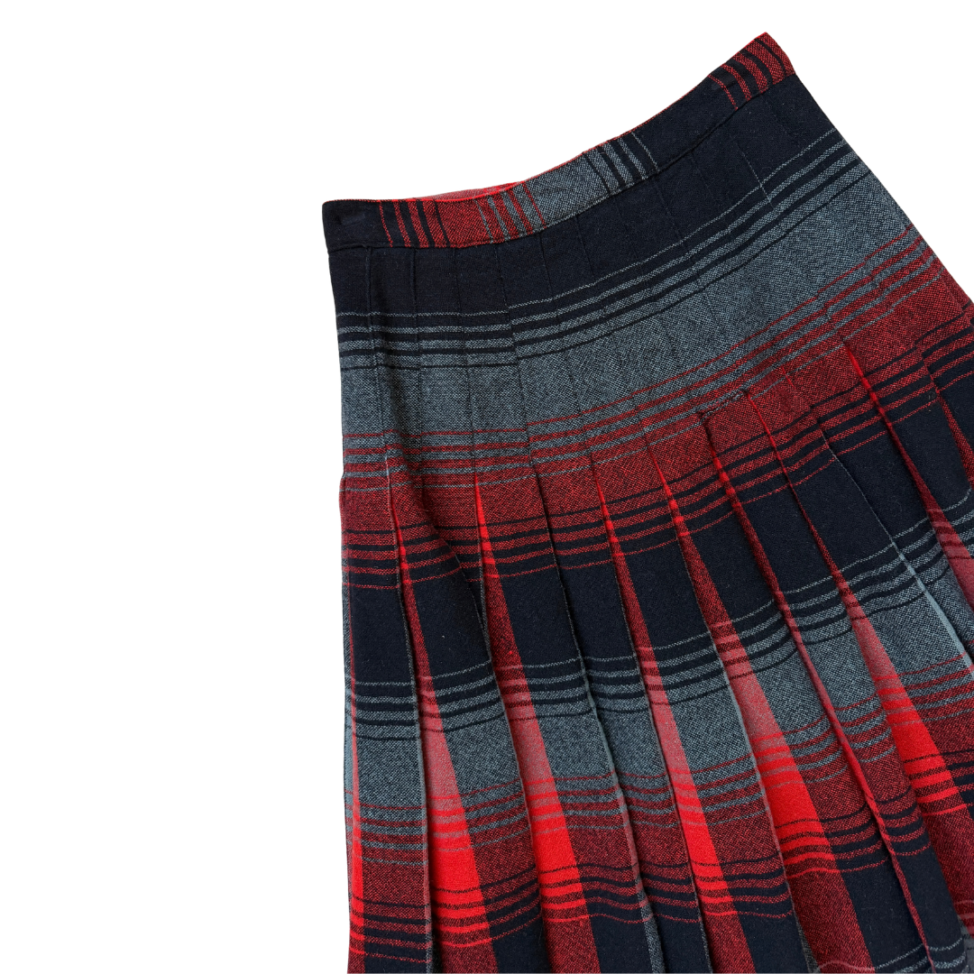 Reversible Black and Red Plaid Pleated Wool Midi Skirt | Extra-Small