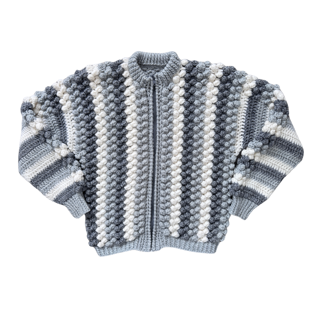 Hand Crafted Grey and White Striped Bubble Knit Cardigan | Extra-Small / Small