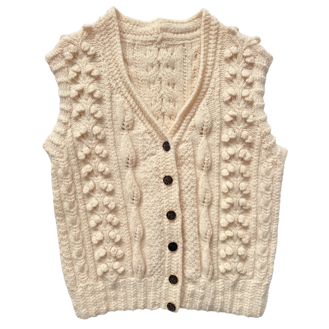 Vintage Chunky Knit Wool Vest with Black Floral Buttons - Medium