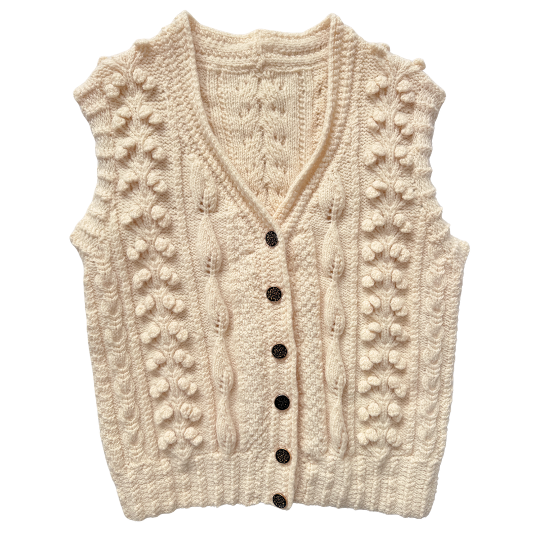 Vintage Chunky Knit Wool Vest with Black Floral Buttons - Medium