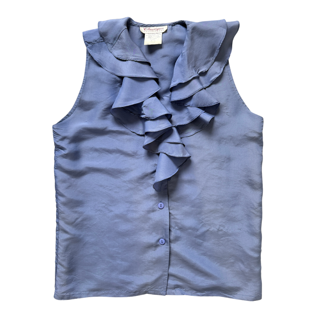 Vintage 90s Classique Collections Periwinkle Blue Sleeveless Ruffled Blouse | Small - Medium