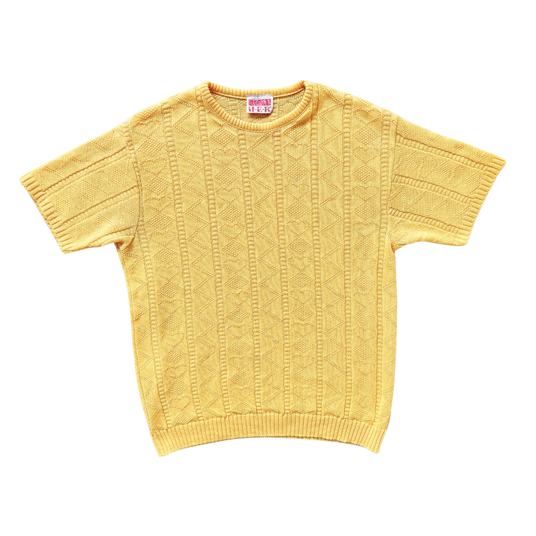 Vintage 90s H.E.R. Yellow Heart Short Sleeve Knit Sweater | Large
