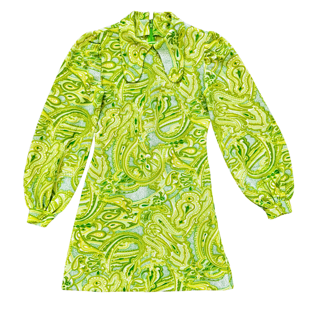 Vintage 70s Neon Green Paisley Tab Collar Mini Dress | Extra-Small Vintage 70s Neon Green Paisley Tab Collar Mini Dress | Extra-Small