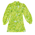 Vintage 70s Neon Green Paisley Tab Collar Mini Dress | Extra-Small