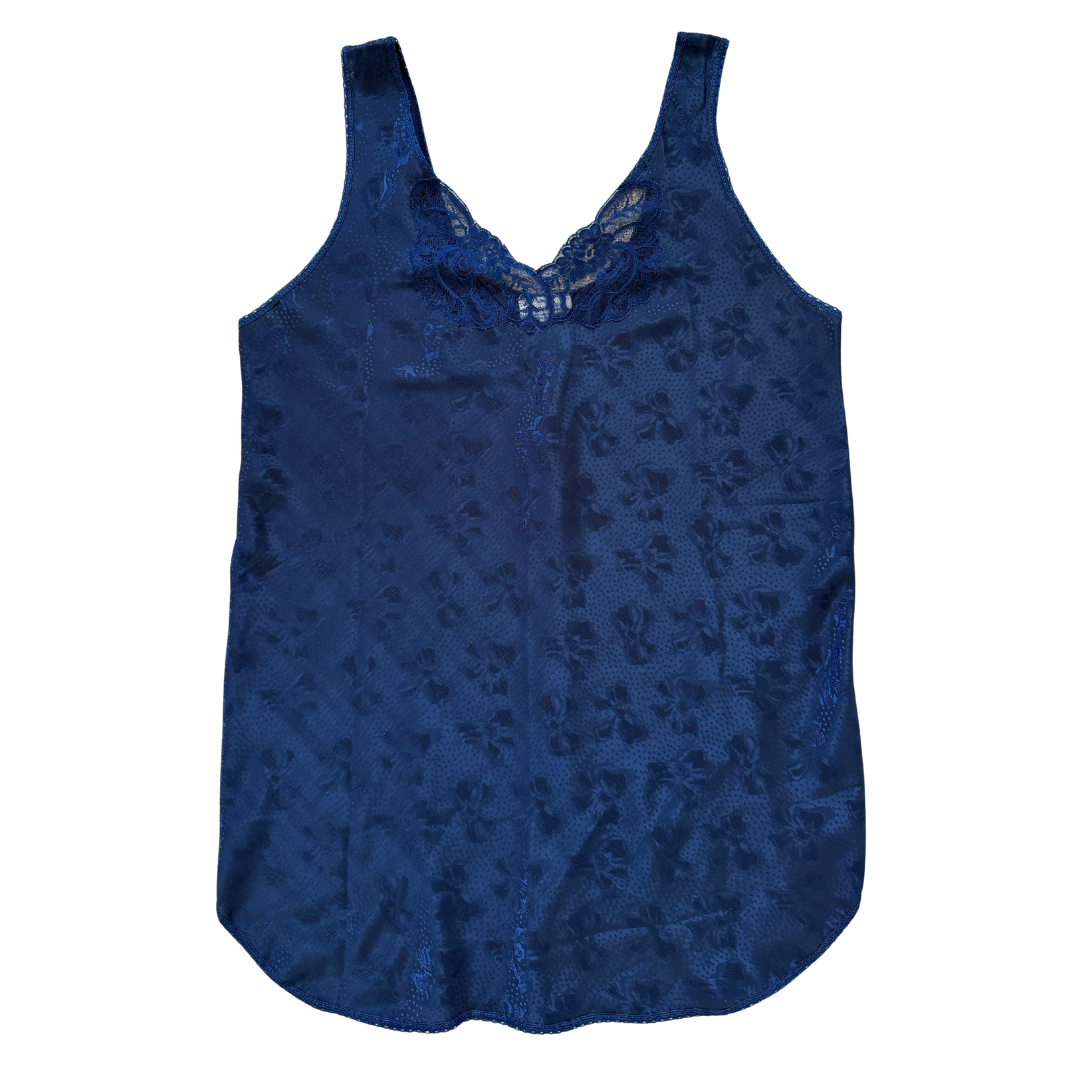 Vintage 80s Linda - Eaton Navy Blue Satin Bow Print Slip Dress | Medium - Large
