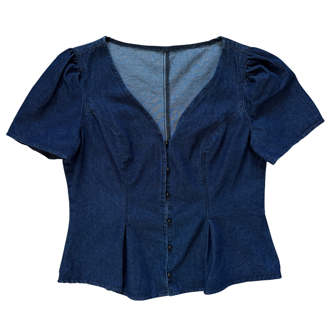 Short Sleeve Dark Denim Peplum Blouse | Small