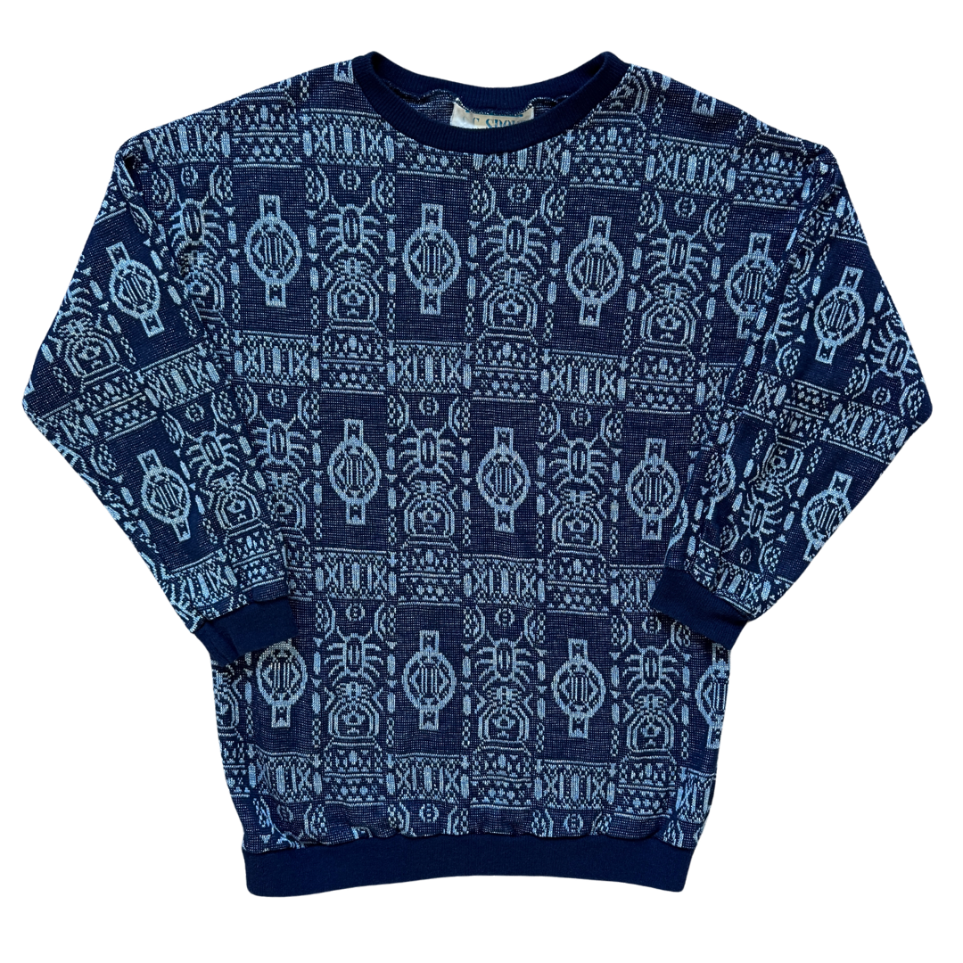 Vintage 1980s-1990s AC Sport Navy Geometric Knit Sweater | Large
