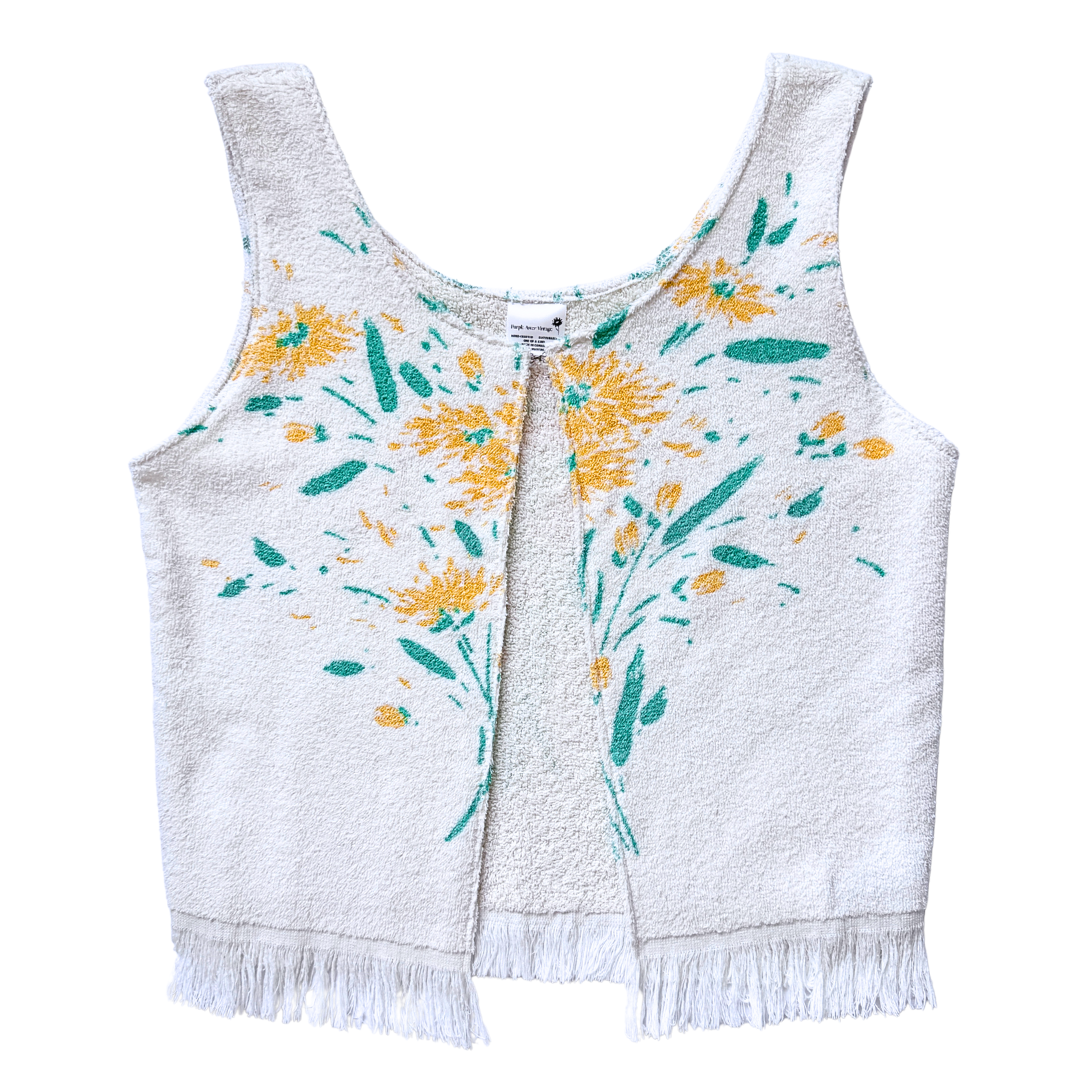 Recycled Vintage White Towel Vest with Yellow Floral Print | Medium