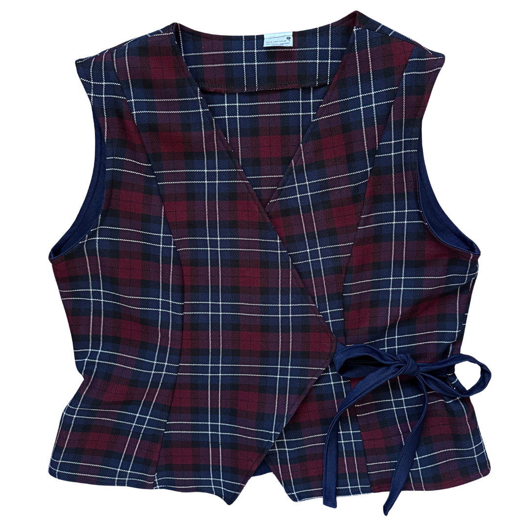 Recycled Sleeveless Navy Plaid Wrap Blouse | Large