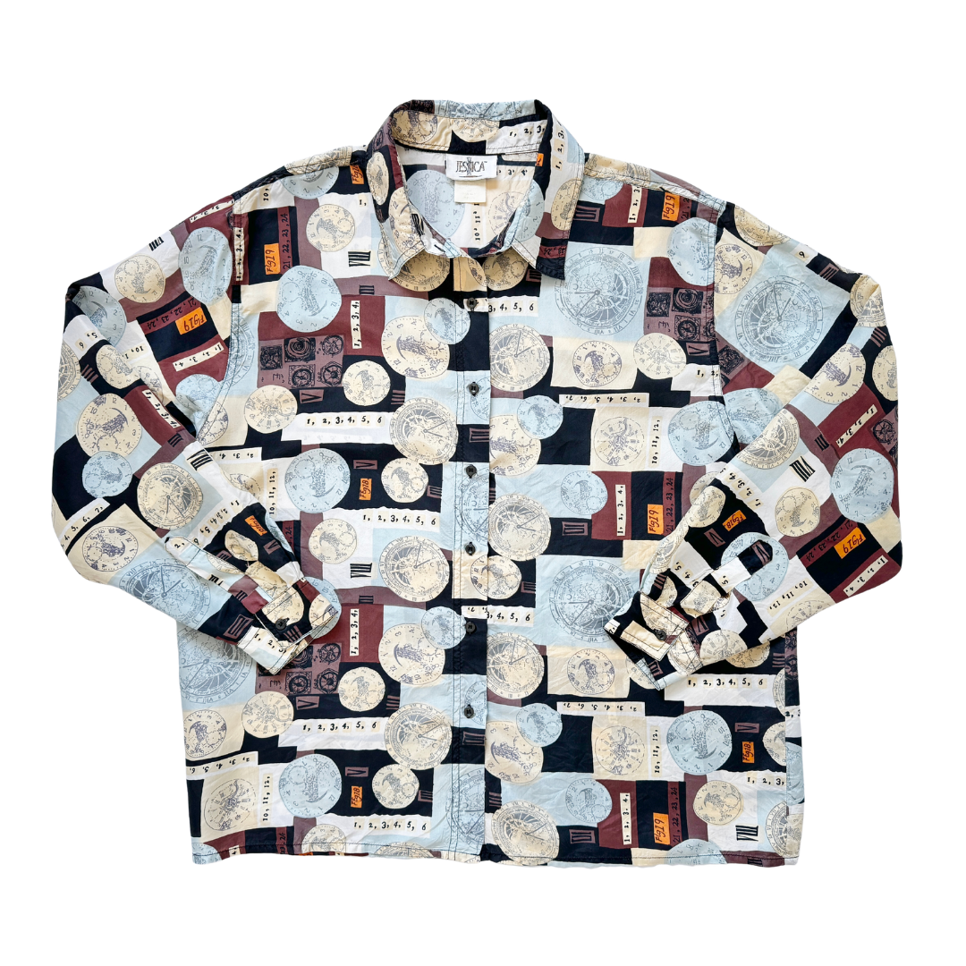 Vintage 80s Jessica Silk Clock Graphic Blouse | Large
