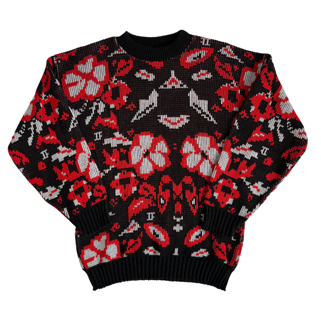 Vintage 1980s-1990s Cicely Black and Red Floral Crewneck Pullover Sweater | Small