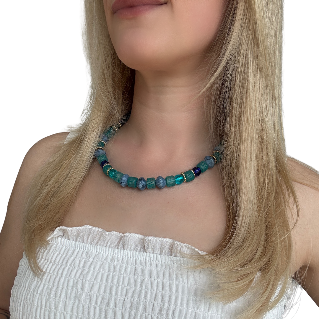 Upcycled Chucky Teal and Blue Beaded Necklace