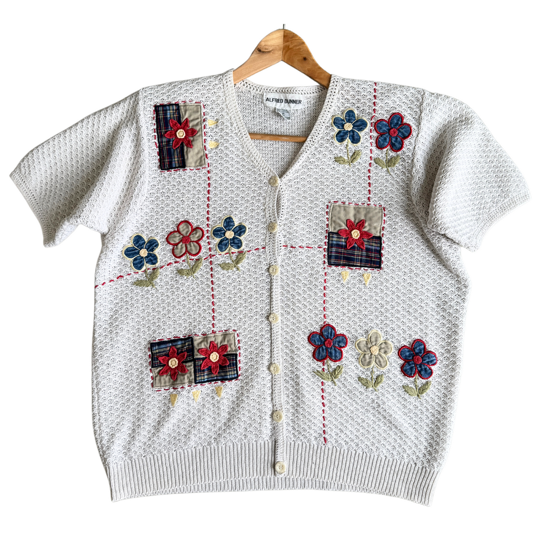 vintage Cotton Ramie Cardigan with Floral Applique | Medium 1990s