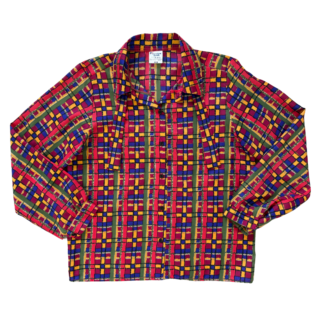Vintage 70s London Look Multicoloured Checkered Tie Neck Blouse | Medium