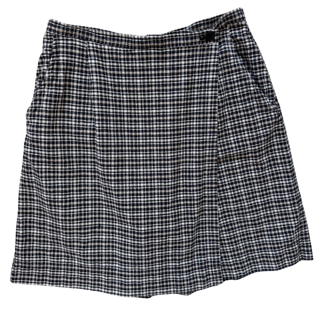 Vintage 1990s Tribal Black and Beige Plaid Linen / Cotton Blend Skort | Medium
