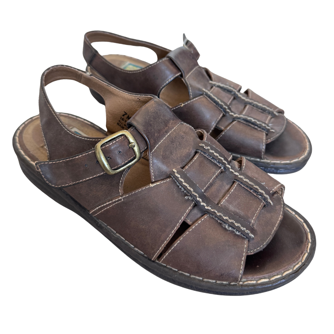 Vintage 1990s Handle with Care Brown Leather Fisherman Sandals | 7