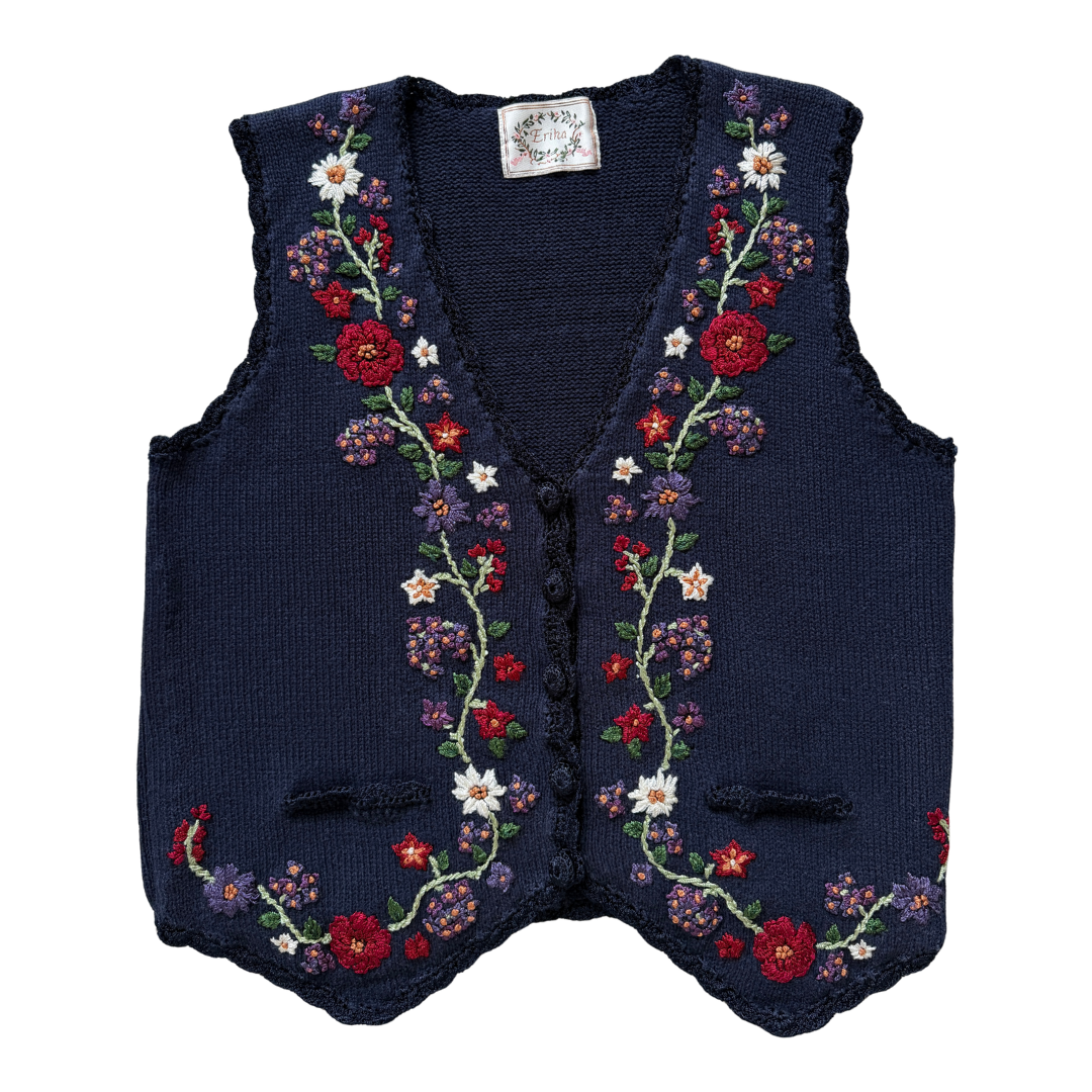Vintage 90s Erika Navy Floral Embroidered Scalloped Vest | Medium